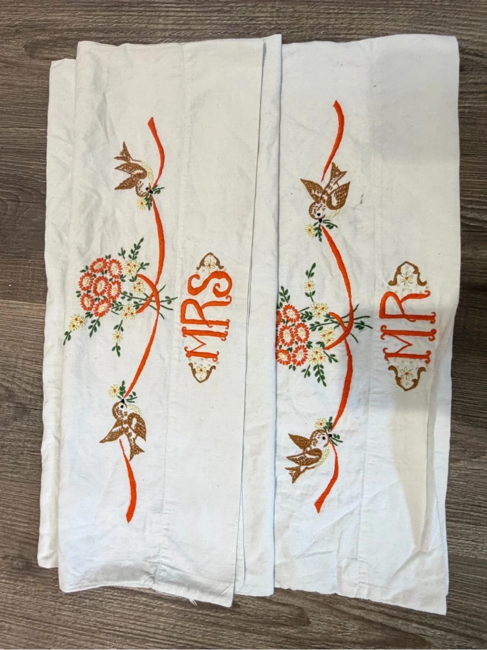 Embroidered White pillow cases with Orange Floral & Monogram - Set Mr.& Mrs.